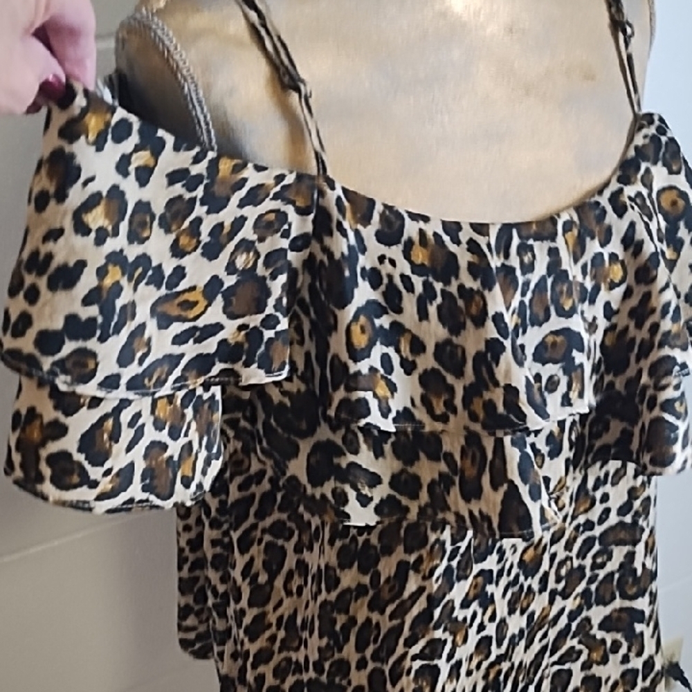 Leopard Print Ruffle Off Shoulder Adjustable Straps  Strap Blouse Top